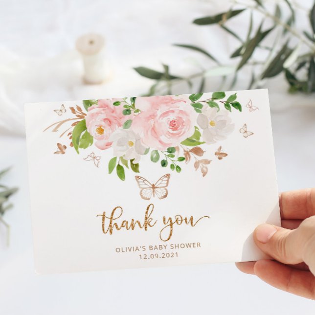 Blush floral butterfly baby shower thank you card (Creator Uploaded)