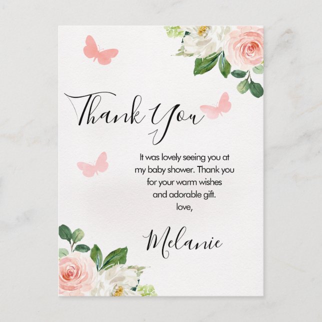 Blush Floral Butterfly Baby Shower Thank You Postcard (Front)