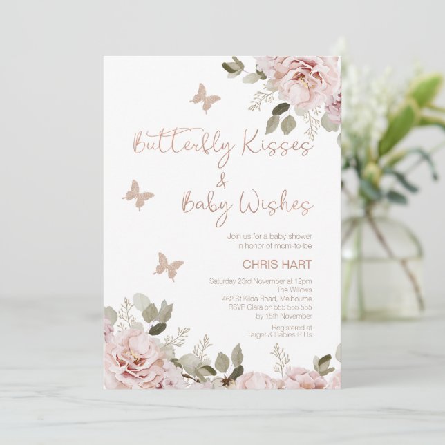 Blush Floral Butterfly Kisses Baby Shower  Invitation (Standing Front)