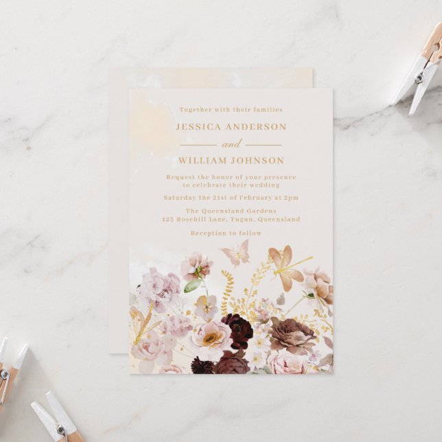 Blush Floral Butterfly Marble Watercolor Wedding Invitation (Front/Back In Situ)