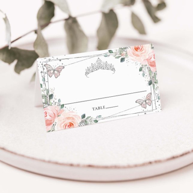 Blush Floral Butterfly Silver Quinceañera Birthday Place Card (Creator Uploaded)