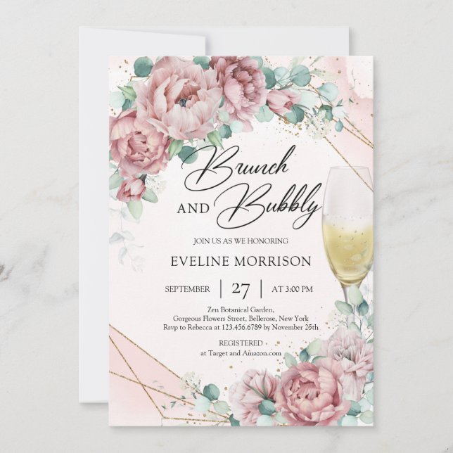 Blush floral champagne glass brunch and bubbly invitation (Front)