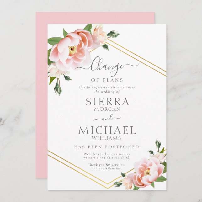 Blush Floral Change of Plans Wedding Postponed Invitation (Front/Back)