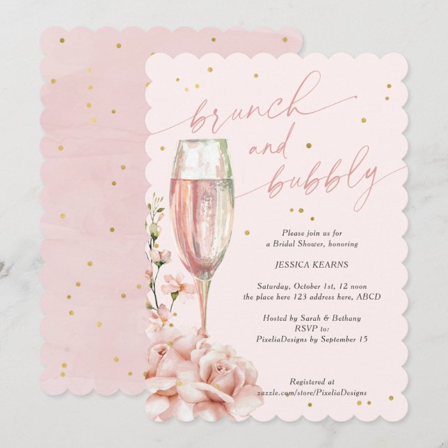 Blush floral chic brunch and bubbly champagne  inv invitation (Front/Back)