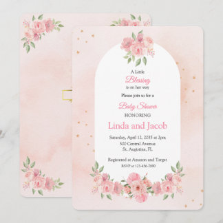 Blush Floral Christian Baby Shower with Gold Cross Invitation