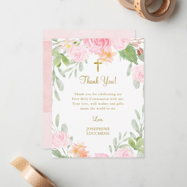 Blush Floral Communion or Baptism Thank You Card (Front/Back In Situ)