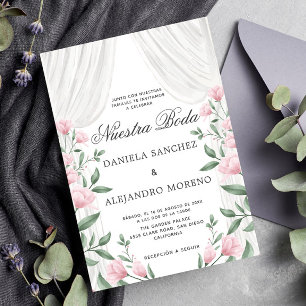 Blush Floral Curtain Nuestra Boda Spanish Wedding Invitation