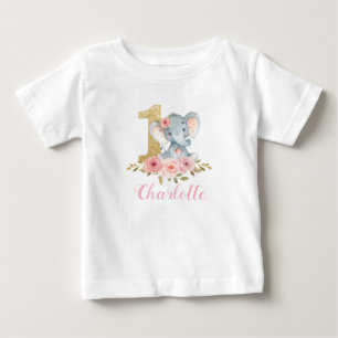 Blush Floral Cute Baby Elephant 1st Birthday Baby T-Shirt