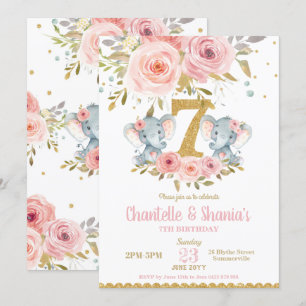 Blush Floral Cute Elephant Twin Girls 7th Birthday Invitation