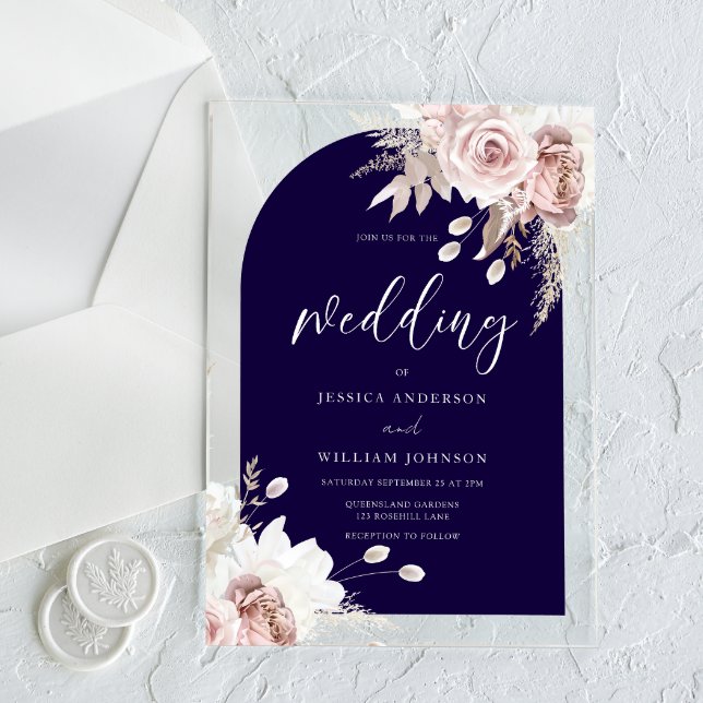 Blush Floral Deep Navy Arch Wedding Acrylic Invitations (Creator Uploaded)