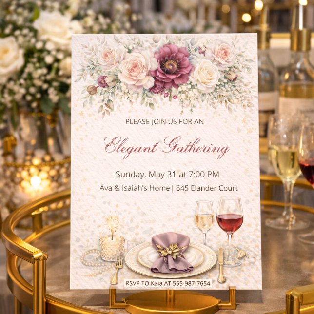 Blush Floral Dinner Party Invitation (Blush floral dinner setting with gold detail and soft rose table styling)