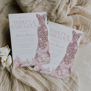 Blush Floral & Dress 30th Birthday Party Invitation