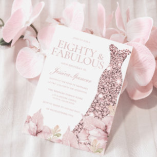 Blush Floral & Dress Glitter 80th Birthday Party Invitation