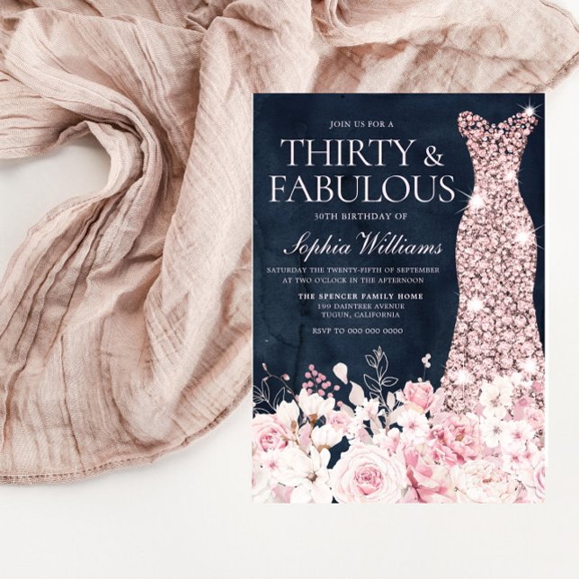 Blush Floral & Dress Navy 30th Birthday Party Invitation (Creator Uploaded)