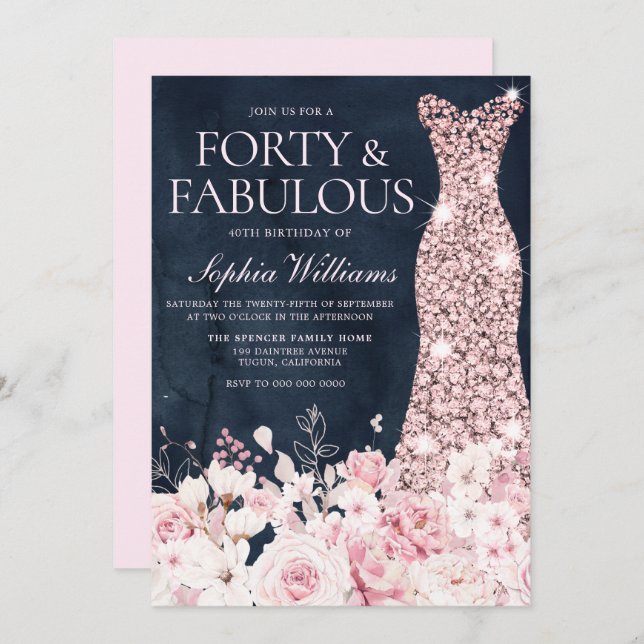 Blush Floral & Dress Navy 40th Birthday Party Invitation (Front/Back)
