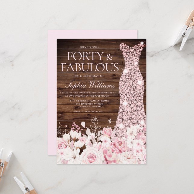 Blush Floral & Dress Rustic 40th Birthday Party Invitation (Front/Back In Situ)