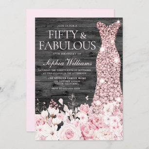 Blush Floral Dress Rustic Charcoal 50th Birthday Invitation
