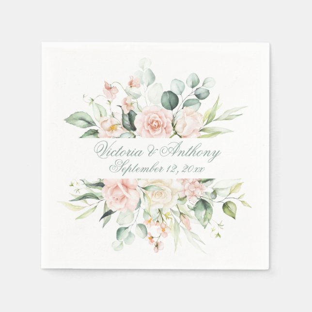 Blush Floral Elegant Script Name Wedding Napkin (Front)