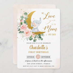 Blush Floral Elephant 1st Birthday Crescent Moon   Invitation