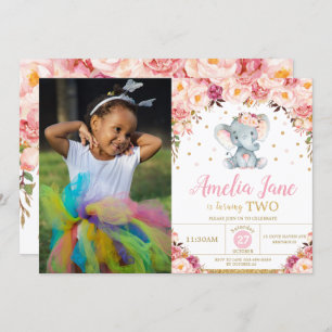 Blush Floral Elephant 2nd Birthday Gold Photo Invitation