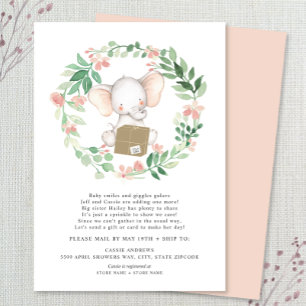 Blush Floral Elephant Baby Sprinkle by mail Invitation