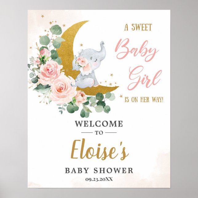 Blush Floral Elephant Girl Baby Shower Welcome Poster (Front)