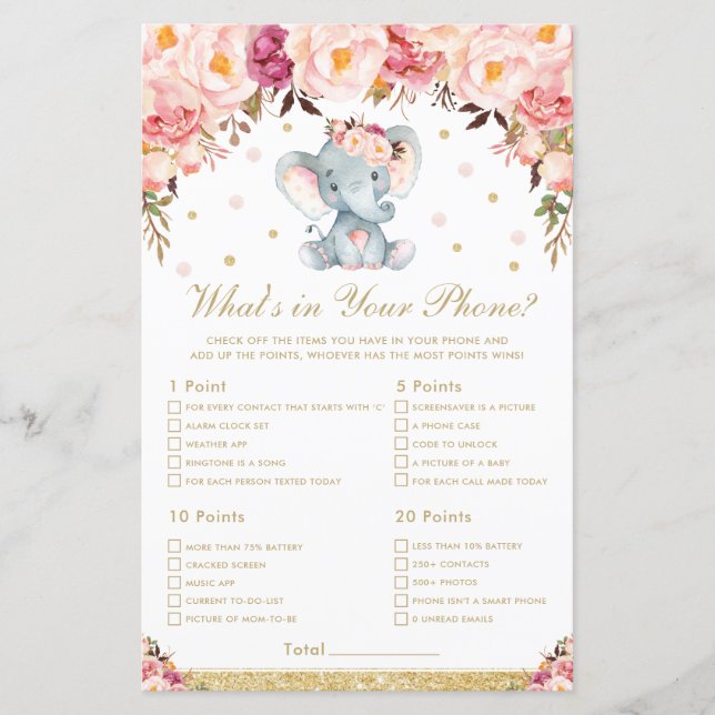 Blush Floral Elephant What's In Your Phone Game (Front)