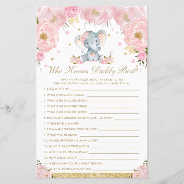 Blush Floral Elephant Who Knows Daddy Best Game (Front)