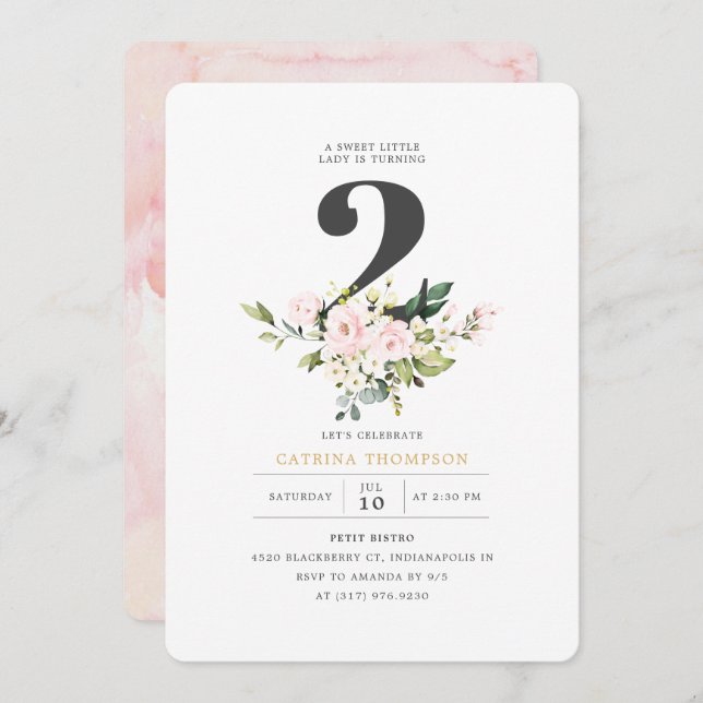Blush Floral & Eucalyptus Girl 2nd Birthday Party Invitation (Front/Back)