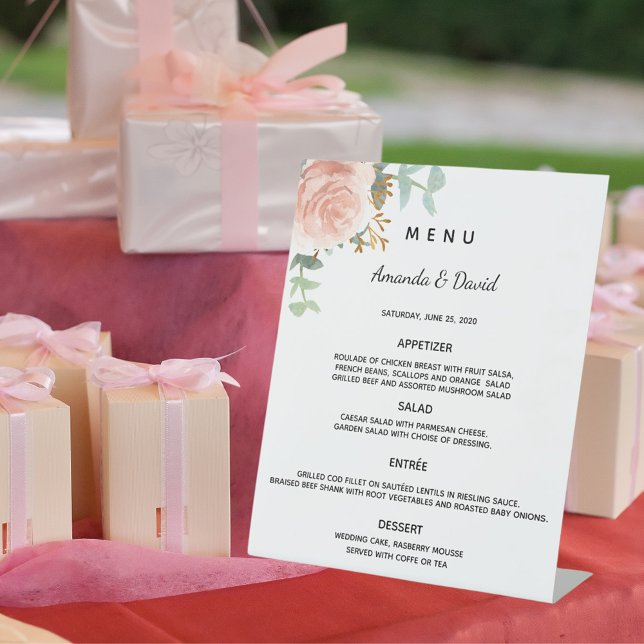 Blush floral eucalyptus greenery dinner menu pedestal sign (Creator Uploaded)