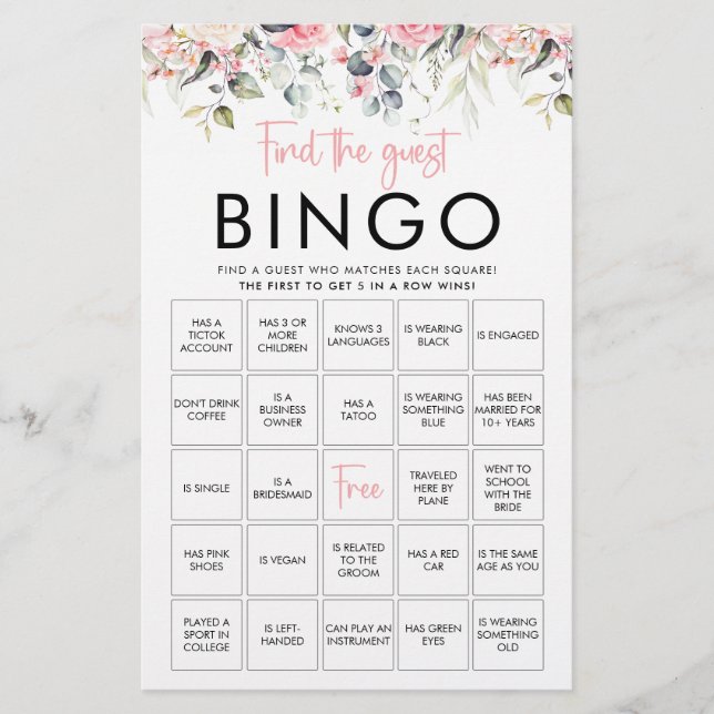 Blush Floral | Find The Guest Bingo Game Card (Front)