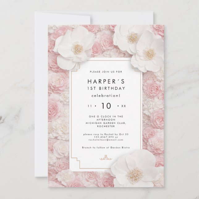 Blush Floral First Birthday Invitation (Front)