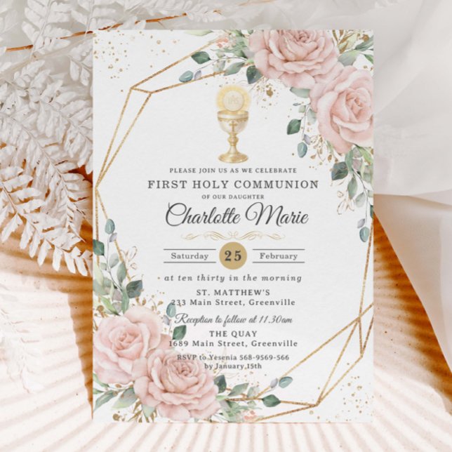 Blush Floral First Holy Communion Gold Chalice Invitation (Creator Uploaded)