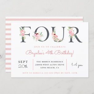 Blush Floral FOUR 4th Birthday Party Invitation