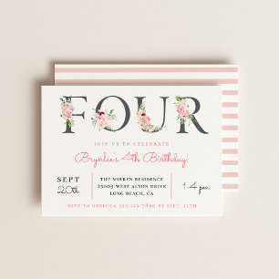 Blush Floral FOUR   4th Birthday Party Invitation