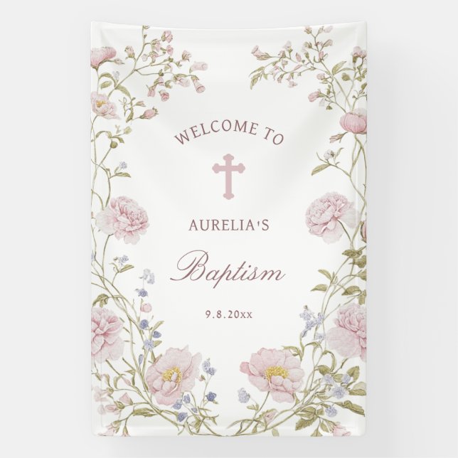 Blush Floral Frame Baptism Welcome Banner (Vertical)