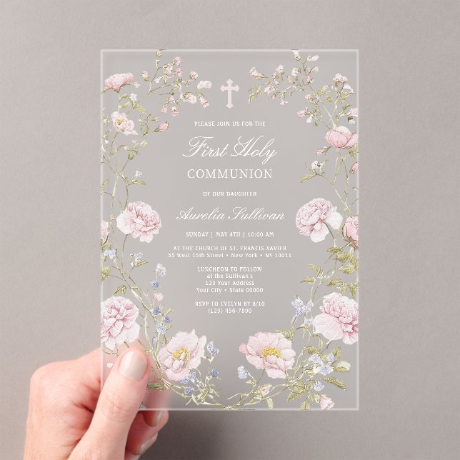 Blush Floral Frame First Holy Communion Acrylic Invitations (Insitu (Handheld))