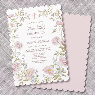 Blush Floral Frame First Holy Communion Invitation