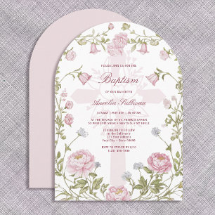 Blush Floral Frame Holy Cross Baptism Invitation