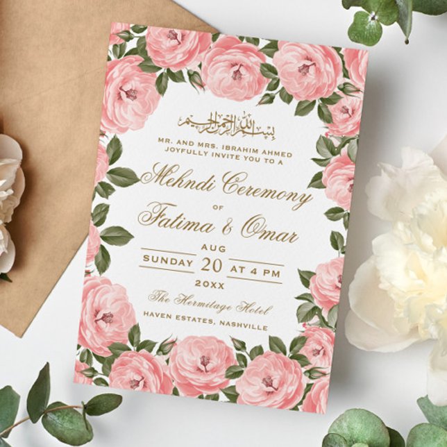 Blush Floral Frame Islamic Henna Mehndi Ceremony Invitation (Creator Uploaded)