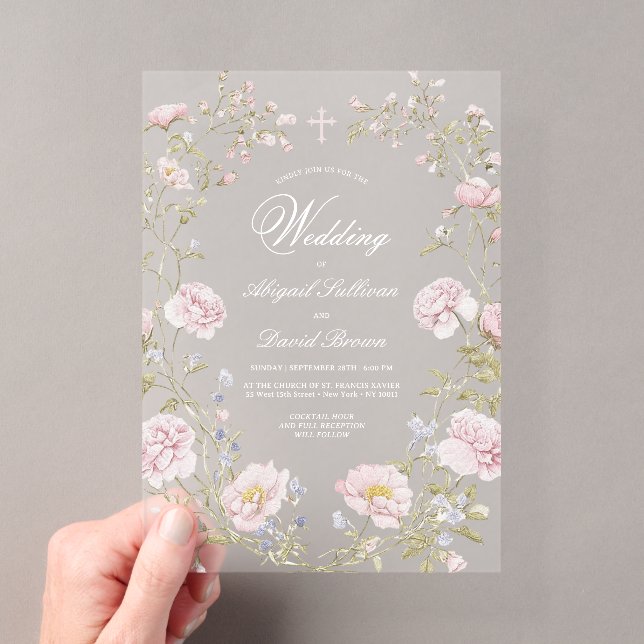 Blush Floral Frame Religious Wedding Acrylic Invitations (Insitu (Handheld))