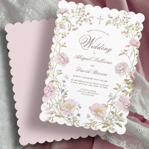 Blush Floral Frame Religious Wedding Invitation