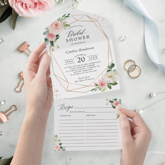 Blush Floral Geometric Bridal Shower with Recipe All In One Invitation (Creator Uploaded)