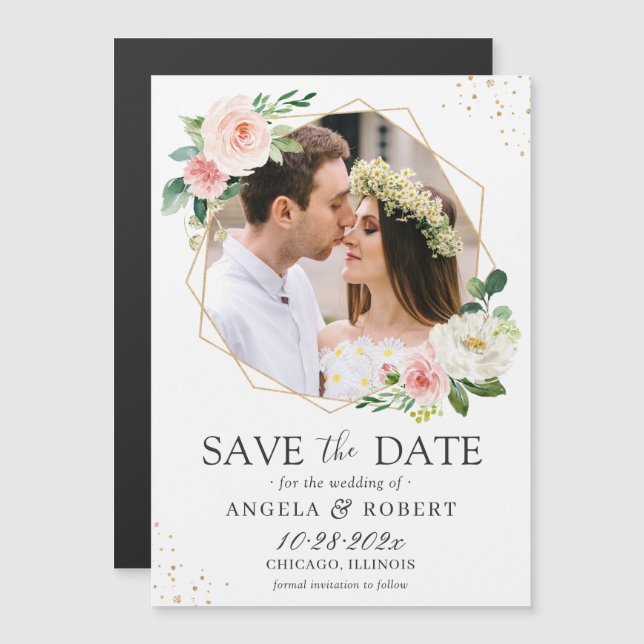 Blush Floral Geometric Photo Save the Date Magnet (Front/Back)