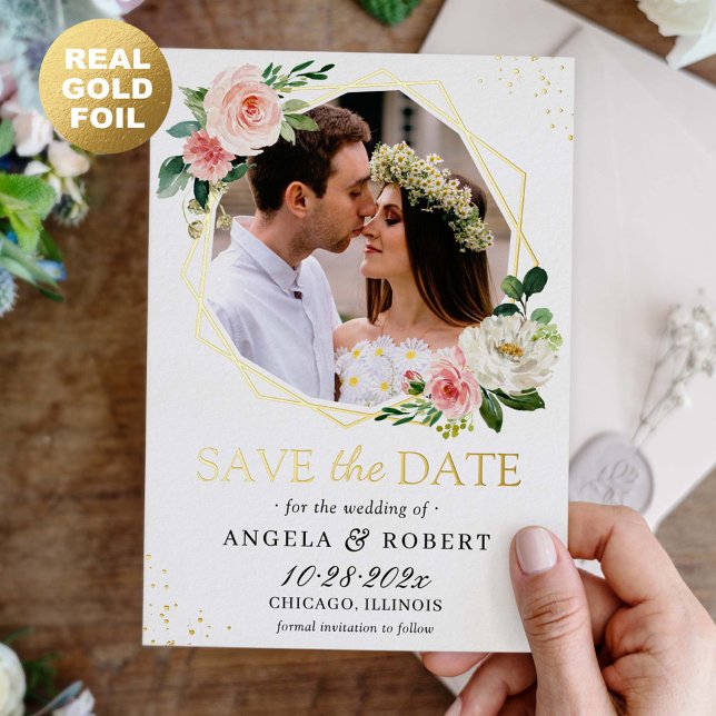 Blush Floral Geometric Photo Save the Date Real (Creator Uploaded)