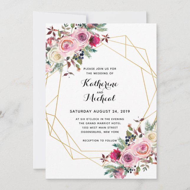 Blush floral geometric wedding invitation (Front)