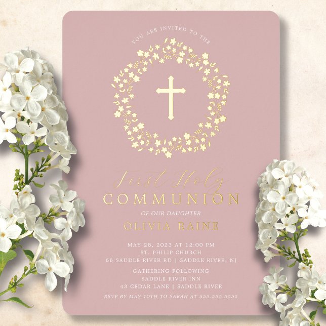 Blush Floral Girls First Communion Foil Invitation (Creator Uploaded)