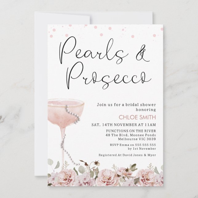 Blush Floral Glass Pearls Prosecco Bridal Shower Invitation (Front)