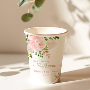 Blush floral gold baby in bloom baby shower paper cups
