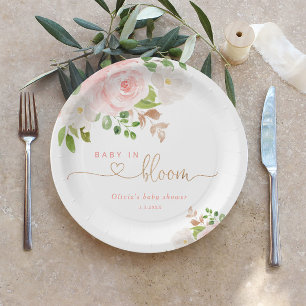 Blush floral gold baby in bloom baby shower paper plate